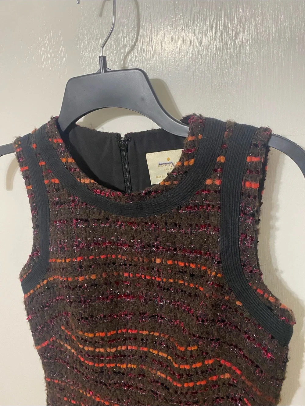 kate spade Black Tweed Mini Dress with Red & Orange Stripe Detail
